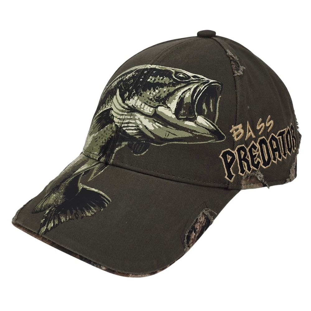 Buck Wear Bass Predator Hat‎ OSFM Green Camo Distressed Fishing Baseball Cap